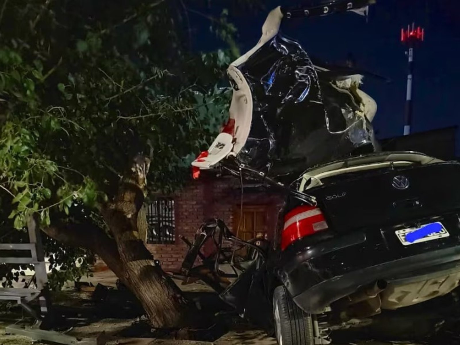 el auto se partió al medio y terminó incrustado en un árbol