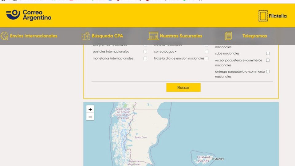 Para el Correo Argentino las Islas Malvinas son las “Falkland Islands” | La empresa utilizó el nombre británico en un mapa interactivo de su página web