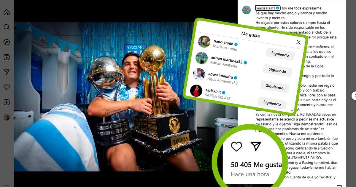 Los likes de algunos jugadores de Racing al posteo de Salas contra Milito :: Olé