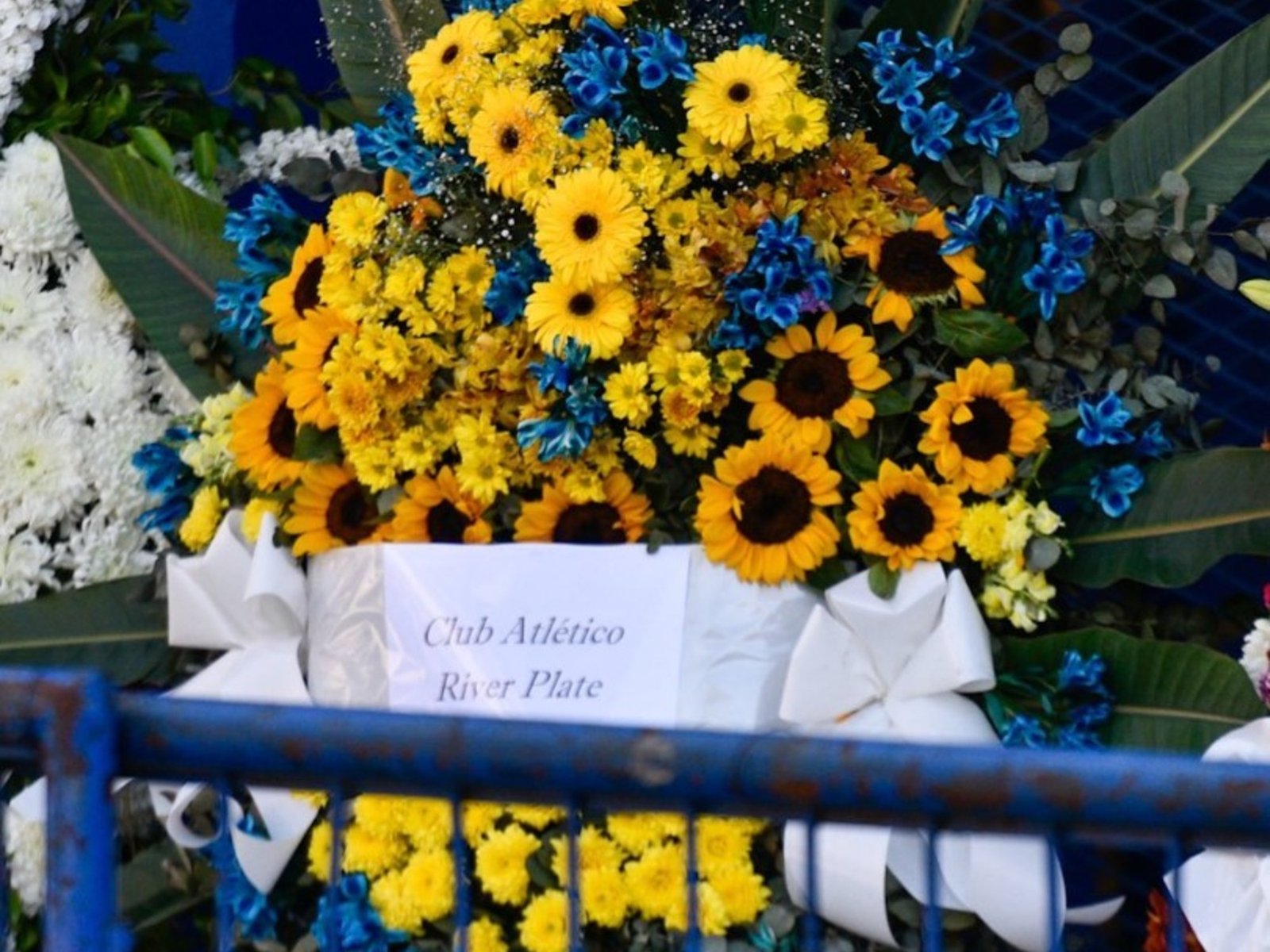 comitiva dirigencial con Brito a la cabeza y una corona con flores azules y amarillas