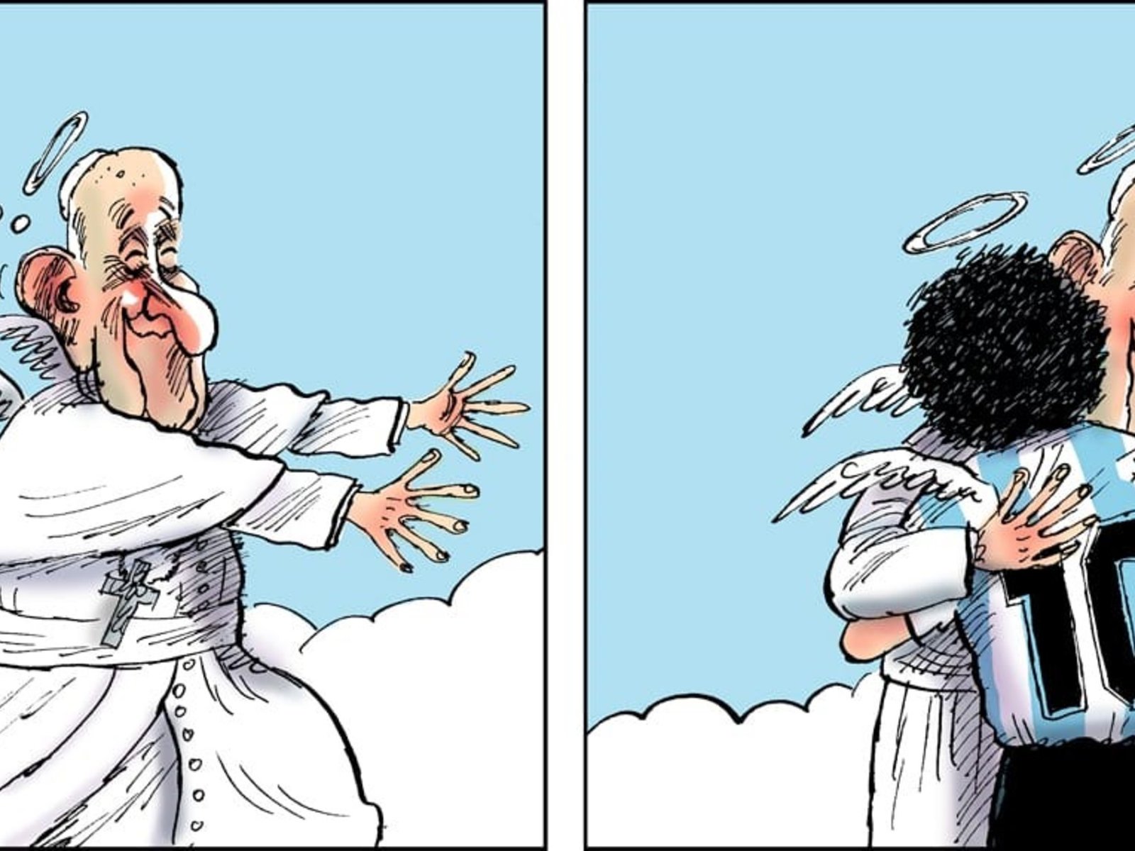 Dos humoristas españoles ganaron el mundial de comic con una viñeta del Papa Francisco y Maradona