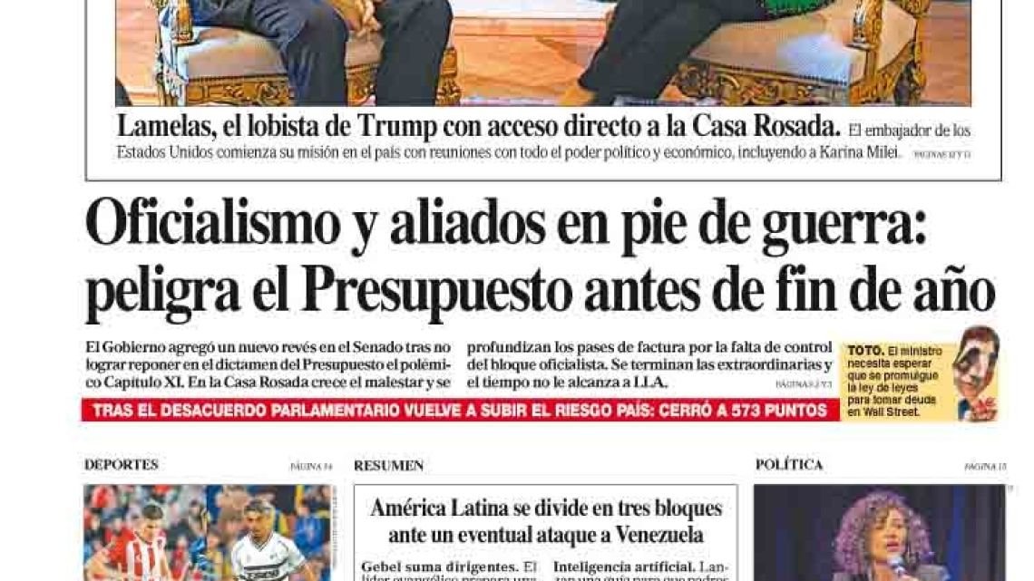 La tapa del Diario PERFIL del sábado 20 de diciembre de 2025