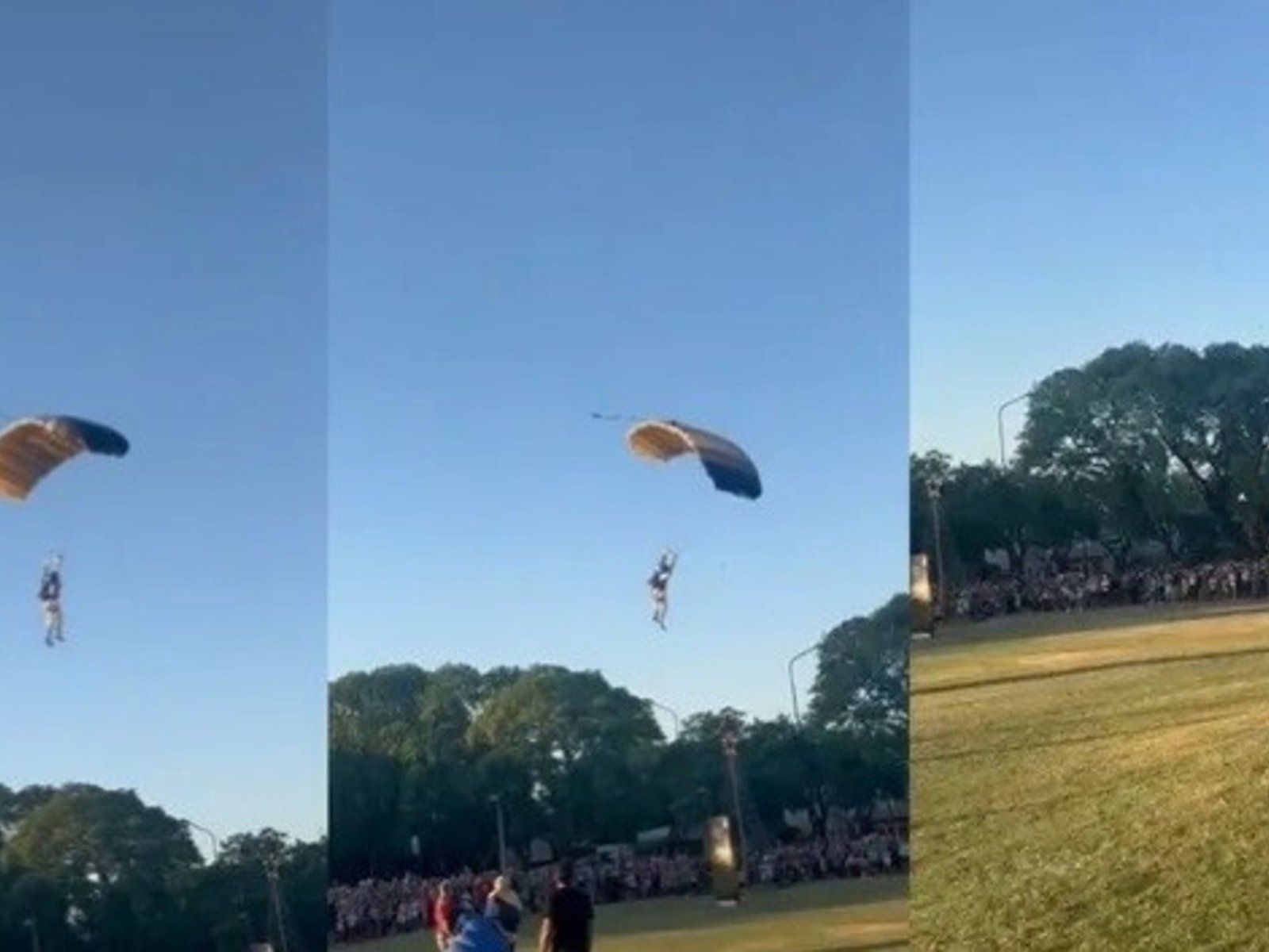 el paracaidista cayó mal y sufrió un duro golpe