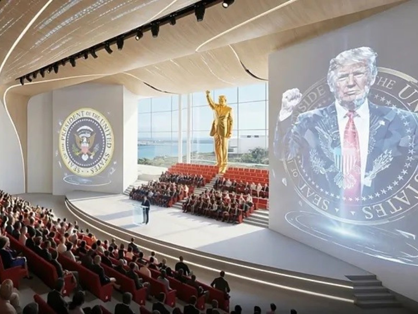 Donald Trump mostró cómo será su biblioteca en Miami, protagonizada por una estatua dorada gigante de él mismo