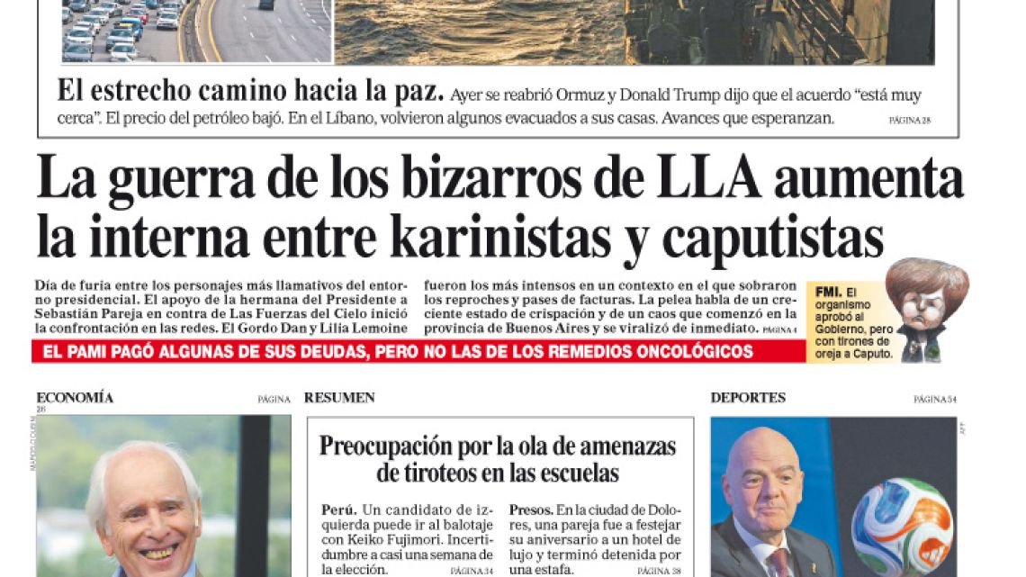 La tapa del Diario PERFIL del sábado 18 de abril de 2026