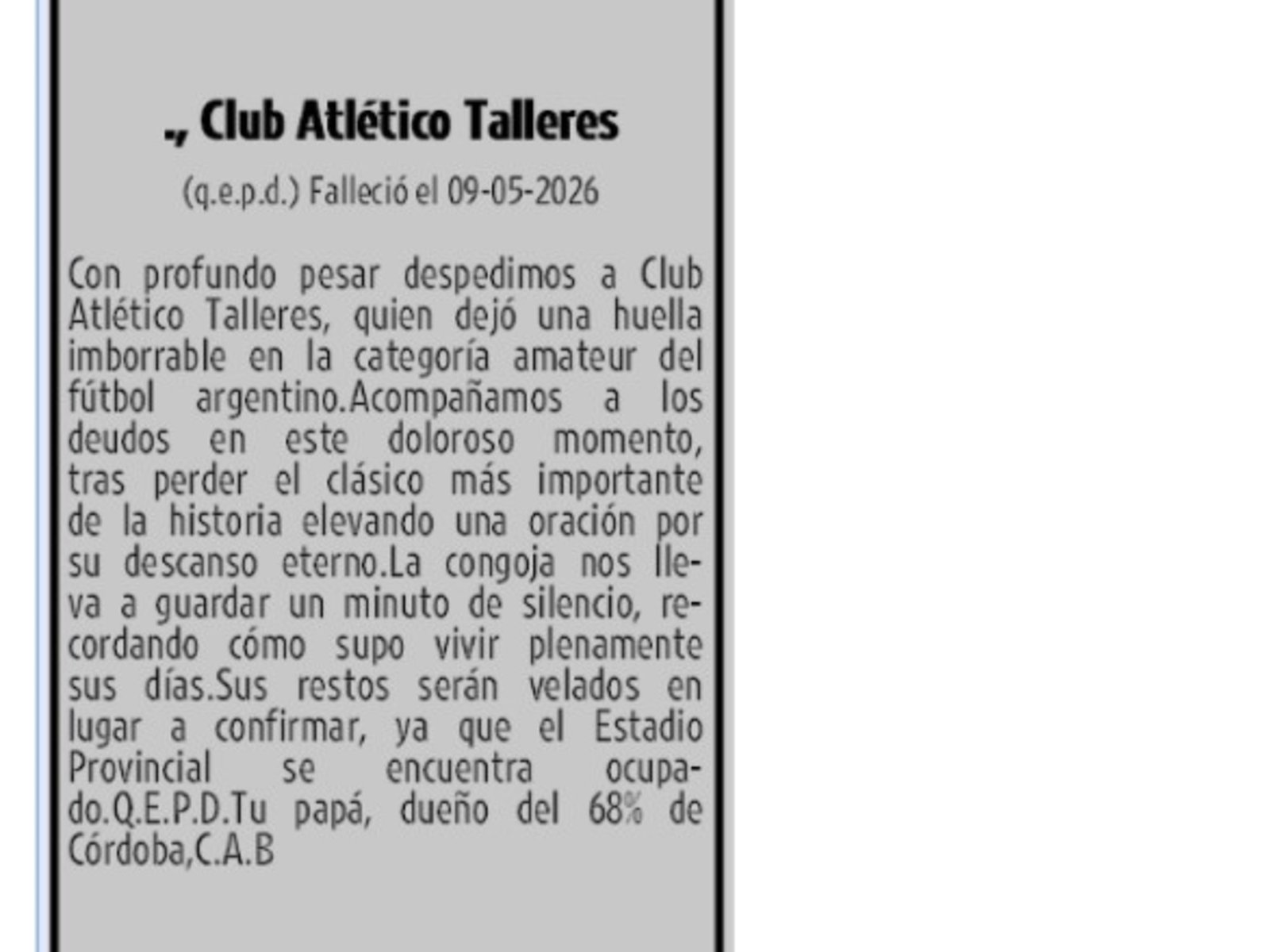 Belgrano se burló de Talleres con un aviso fúnebre tras ganar el clásico y desató una polémica en las redes sociales