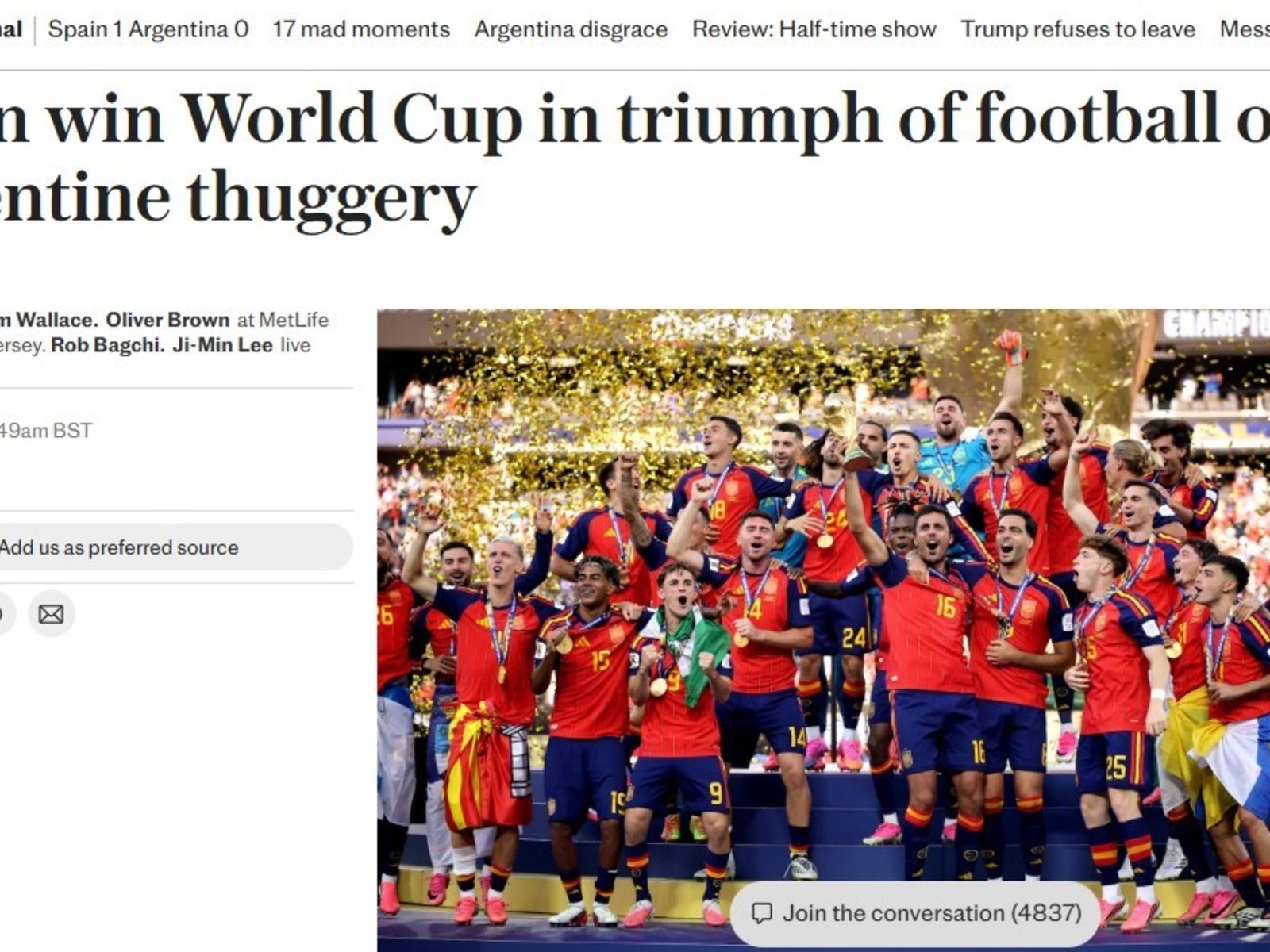 La prensa internacional celebró el título de España y cuestionó con dureza a la Argentina: "Fútbol 1, criminales 0"