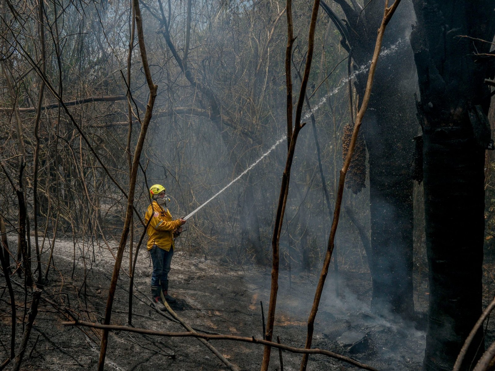 Un bombero rocía agua sobre un incendio forestal en Venadillo, Tolima, el 28 de agosto de 2026.