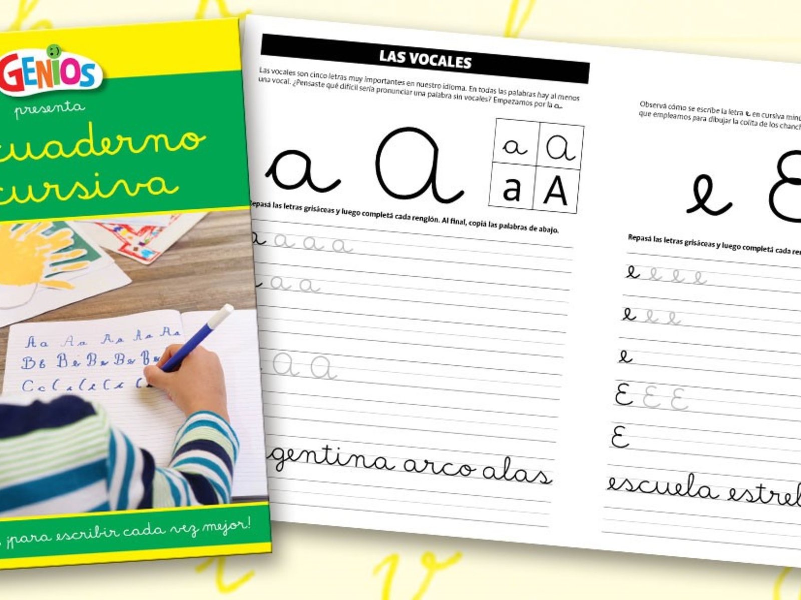 Sale un libro con ejercicios para que los chicos practiquen la letra cursiva